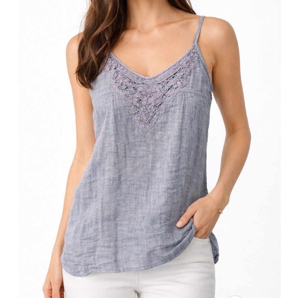 Delias Blue Gray Crochet Lace Bib Camisole Top Ruffle Hem Boho Sleeveless Medium